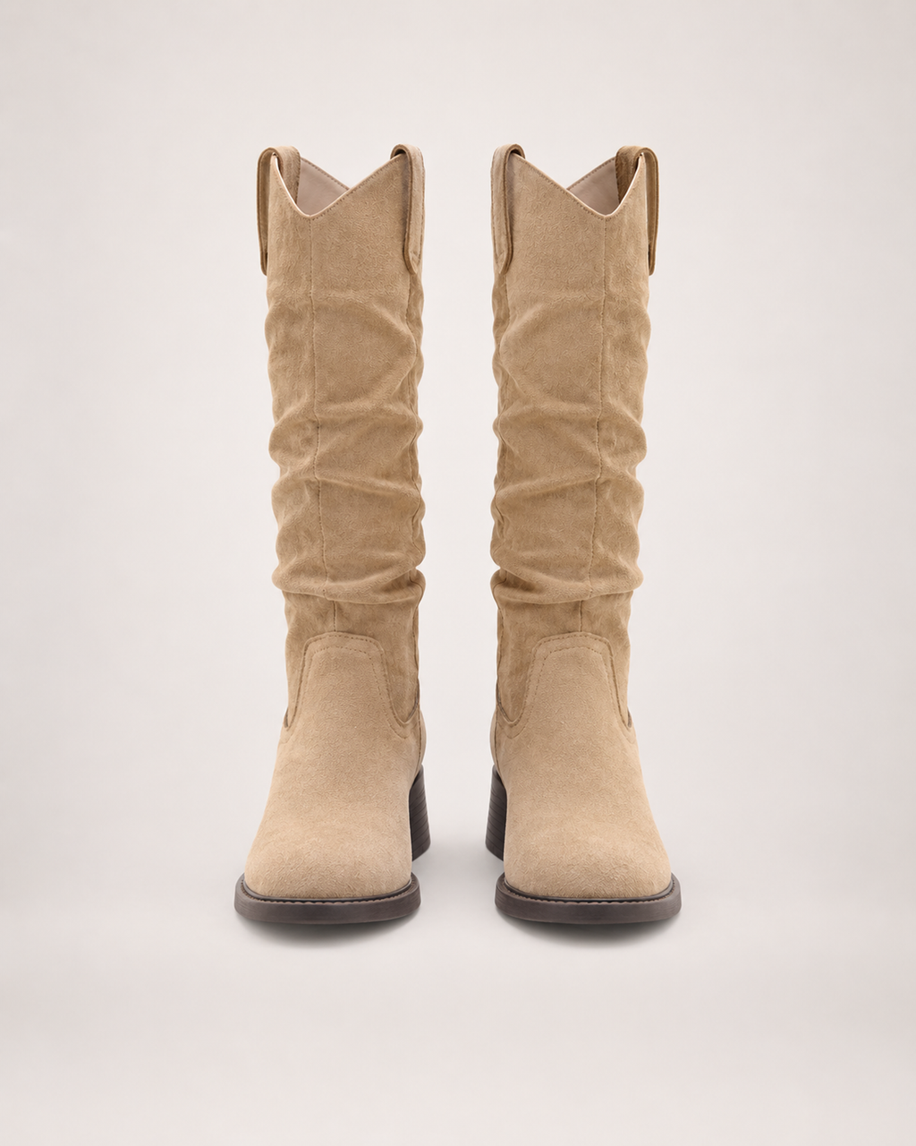 Women’s Knee High Boots with Round Toe and Chunky Heel in Beige, product only pair front view