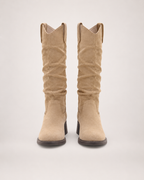 Women’s Knee High Boots with Round Toe and Chunky Heel in Beige, product only pair front view