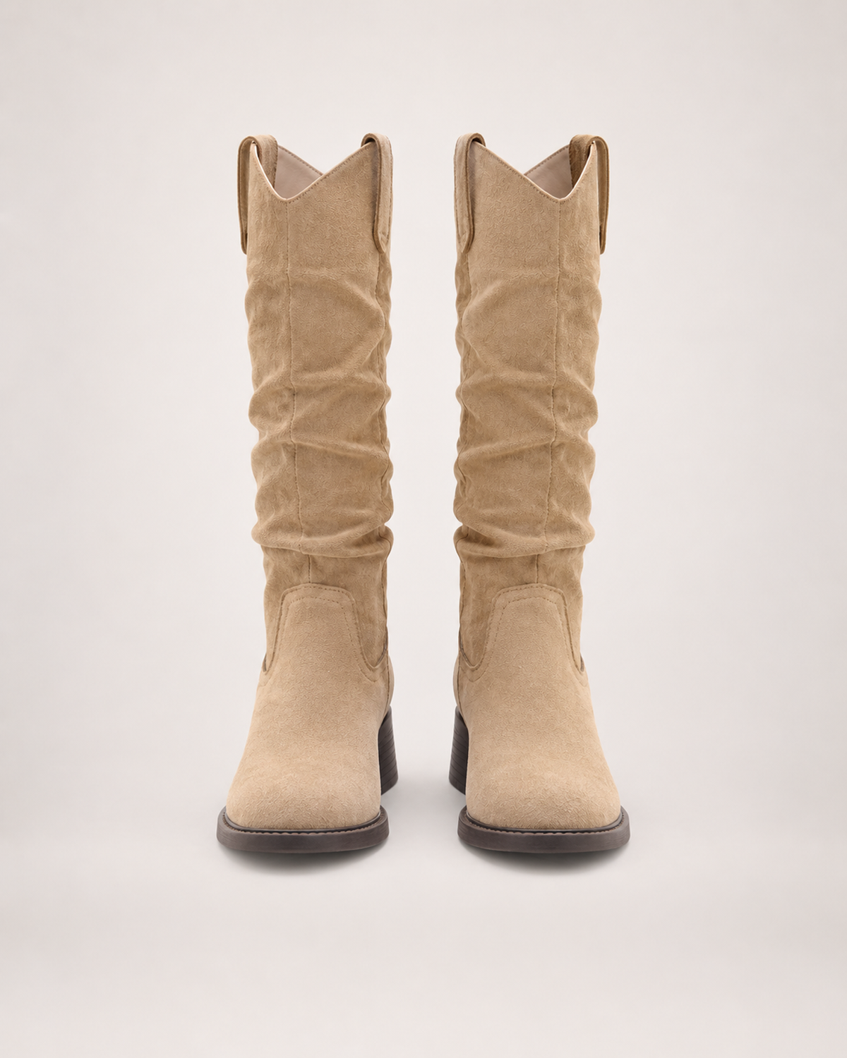 Women’s Knee High Boots with Round Toe and Chunky Heel in Beige, product only pair front view