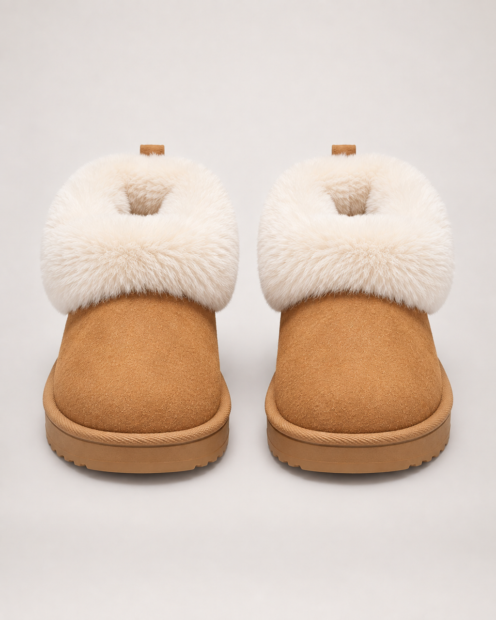 Women’s Slipper Boots with Fluffy Cuff and Platform Sole in Camel, product only pair front view