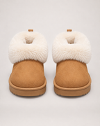 Women’s Slipper Boots with Fluffy Cuff and Platform Sole in Camel, product only pair front view