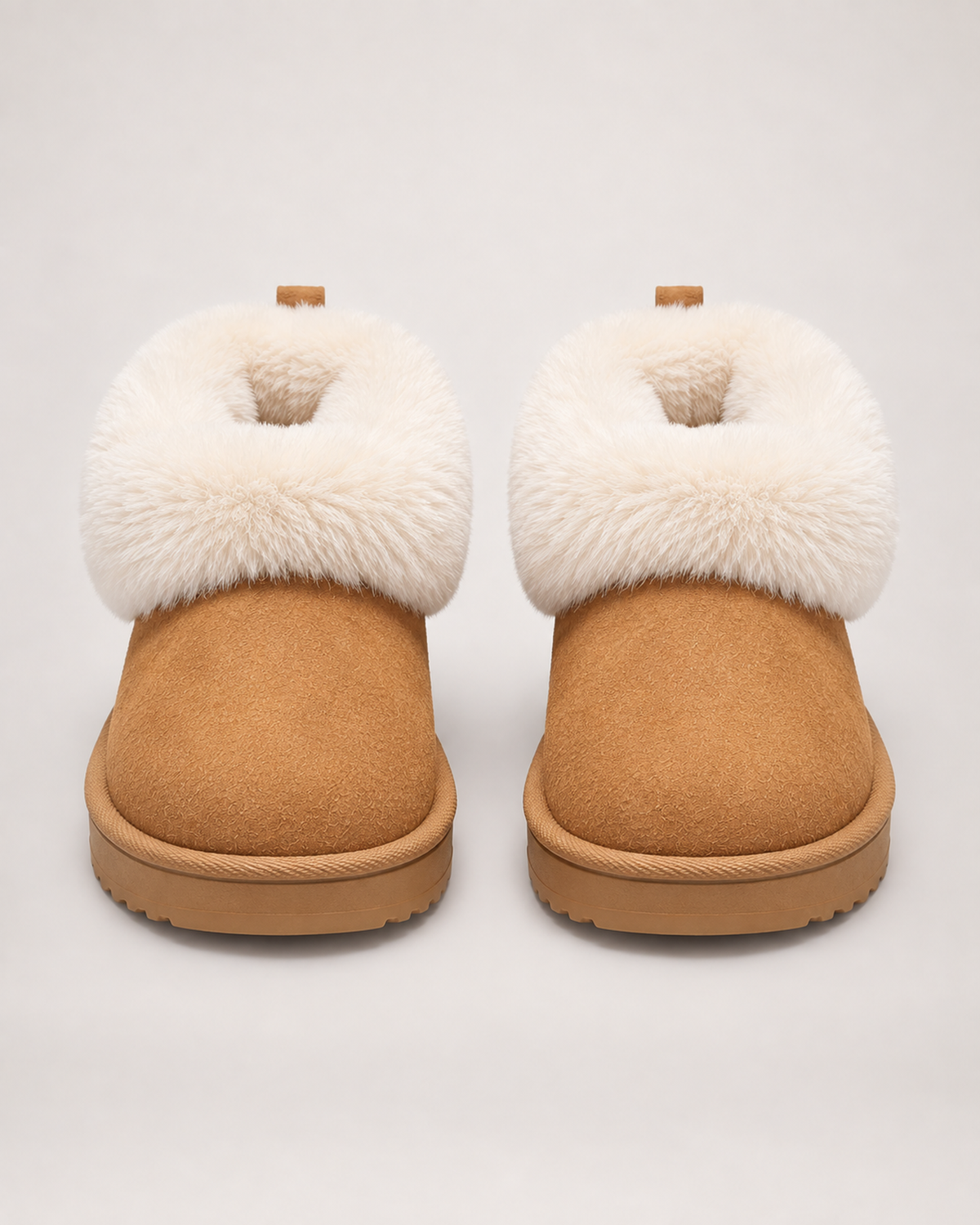 Women’s Slipper Boots with Fluffy Cuff and Platform Sole in Camel, product only pair front view