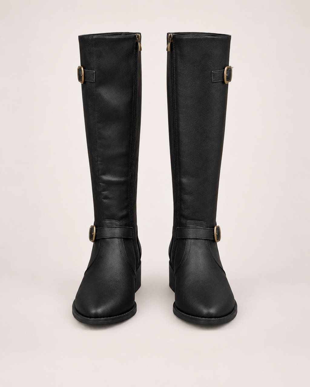 Women’s Knee High Boots with Riding Shape and Buckle Detail in Black, product only pair front view