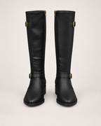 Women’s Knee High Boots with Riding Shape and Buckle Detail in Black, product only pair front view