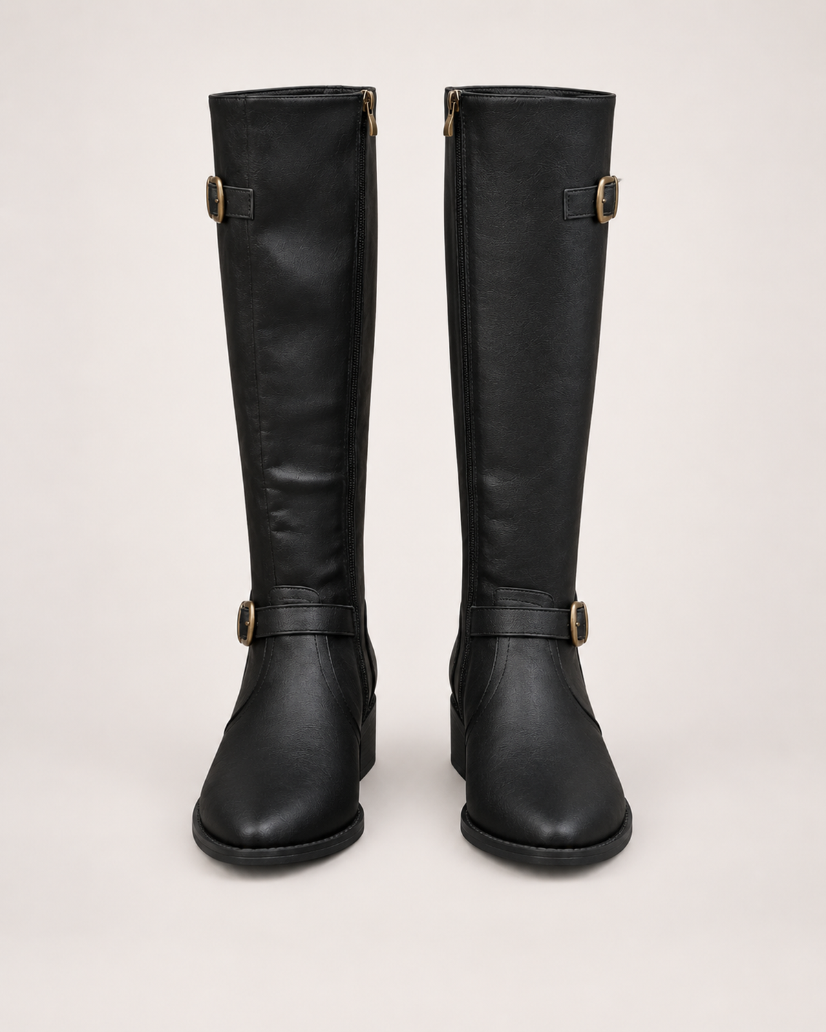 Women’s Knee High Boots with Riding Shape and Buckle Detail in Black, product only pair front view