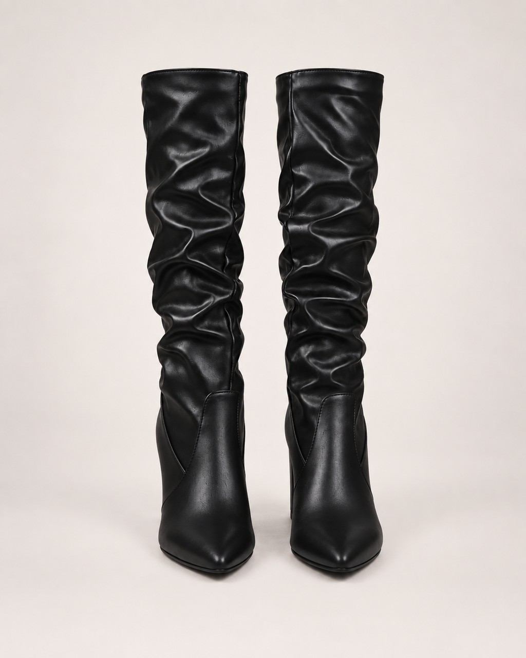 Women’s Knee High Boots with Pointed Toe and High Heel in Black, product only pair front view