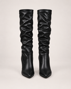 Women’s Knee High Boots with Pointed Toe and High Heel in Black, product only pair front view