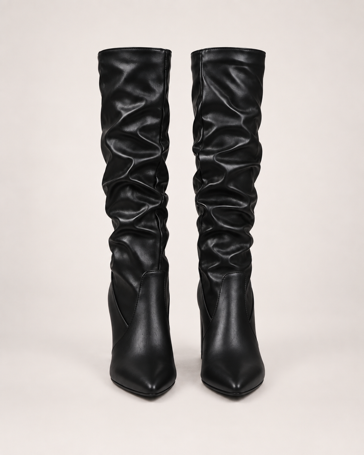 Women’s Knee High Boots with Pointed Toe and High Heel in Black, product only pair front view