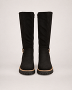 Women’s Black Knee High Boots with Chunky Sole and Buckle Detail in Black, product only pair front view
