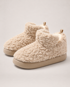 Women’s Slipper Boots with Fluffy Finish and Thick Sole in Light Brown, product only pair front view