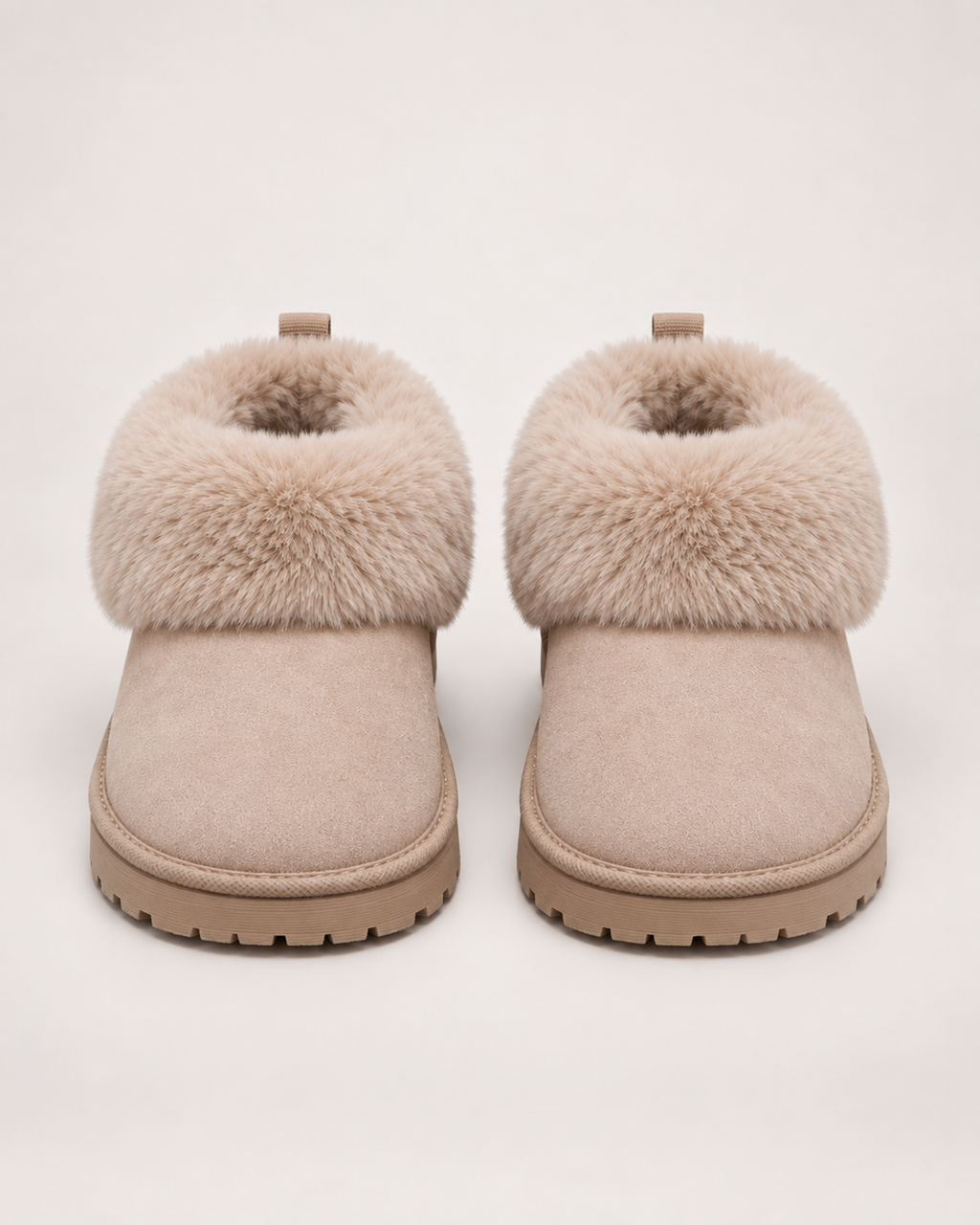 Women’s Slipper Boots with Fold-Down Fluffy Cuff in Taupe, product only pair front view