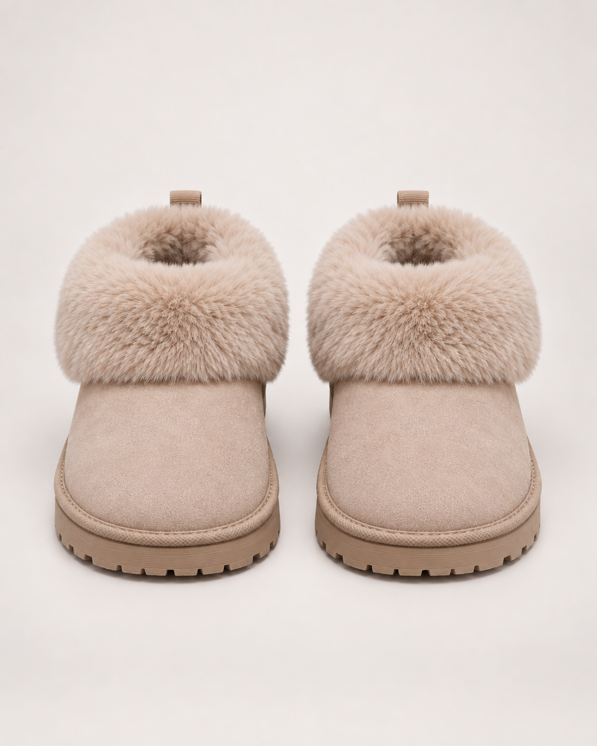 Women’s Slipper Boots with Fold-Down Fluffy Cuff in Taupe, product only pair front view