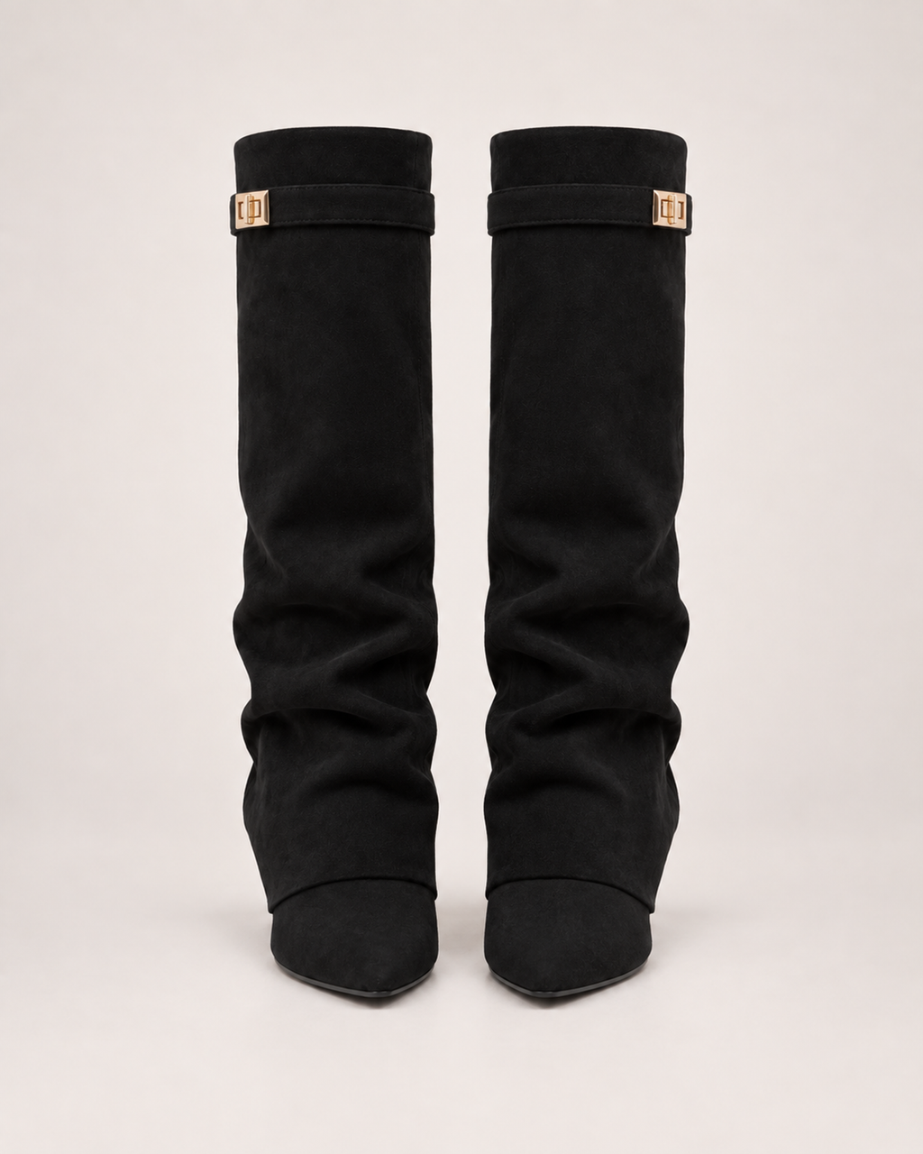 Women’s Knee High Boots with Pointed Toe and Metal Buckle in Black, product only pair front view