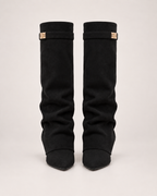 Women’s Knee High Boots with Pointed Toe and Metal Buckle in Black, product only pair front view