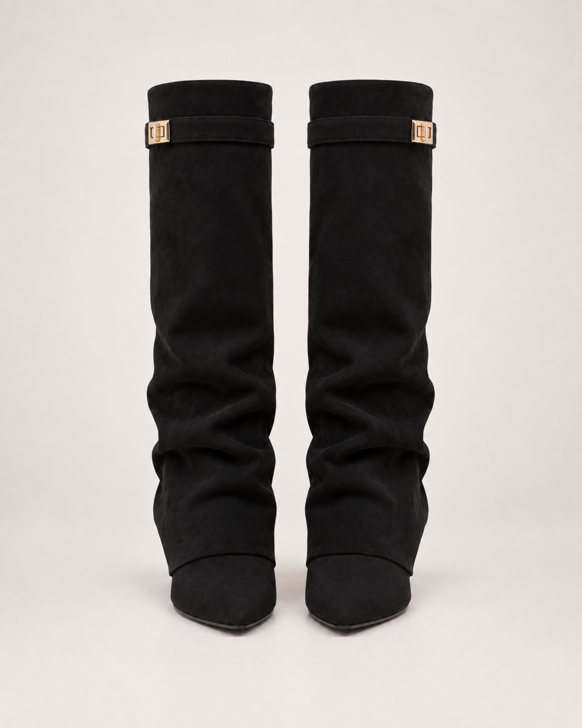 Women’s Knee High Boots with Pointed Toe and Metal Buckle in Black, product only pair front view