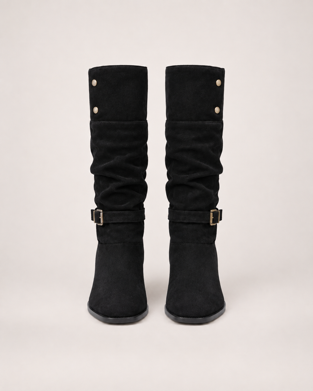Women’s Knee High Boots with Slouch Shaft and Block Heel in Black, product only pair front view