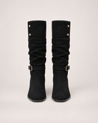 Women’s Knee High Boots with Slouch Shaft and Block Heel in Black, product only pair front view
