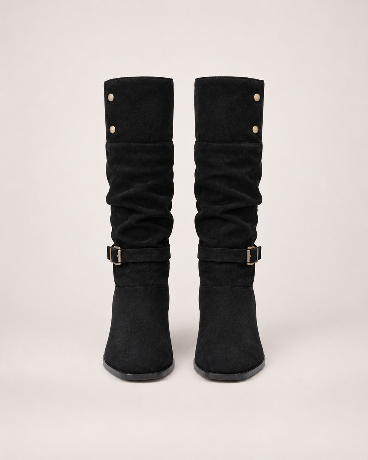 Women’s Knee High Boots with Slouch Shaft and Block Heel in Black, product only pair front view