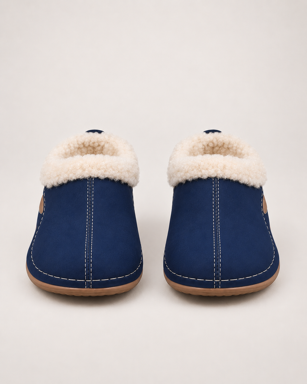 Women’s Slipper Clogs with Plush Lining and Wedge Sole in Navy Blue, product only pair front view