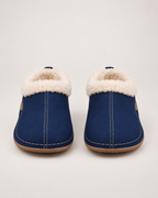 Women’s Slipper Clogs with Plush Lining and Wedge Sole in Navy Blue, product only pair front view