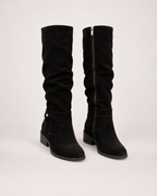 Women’s Knee High Boots with Low Heel and Side Zip in Black, product only pair front view