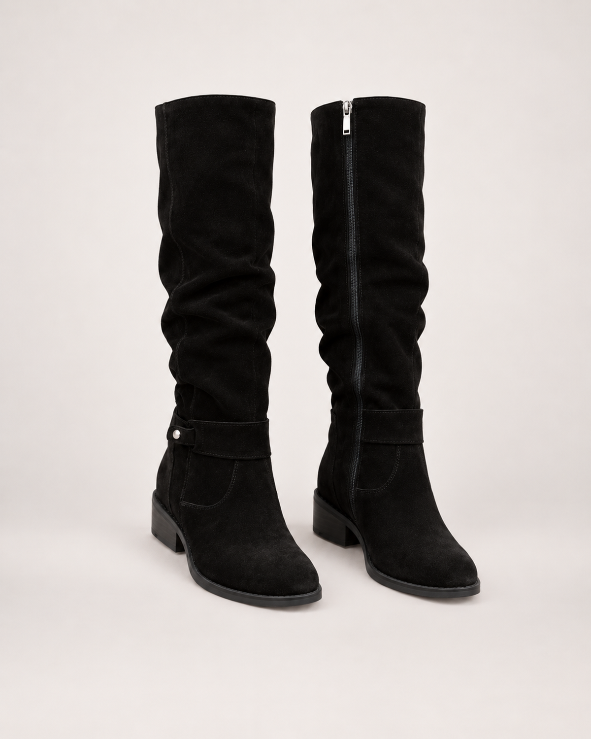 Women’s Knee High Boots with Low Heel and Side Zip in Black, product only pair front view