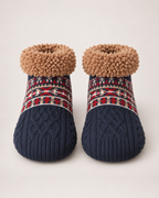 Women’s Slipper Socks with Fair Isle Pattern in Navy Blue, product only pair front view