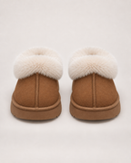 Women’s Platform Slippers with Fluffy Collar in Chestnut Brown, product only pair front view