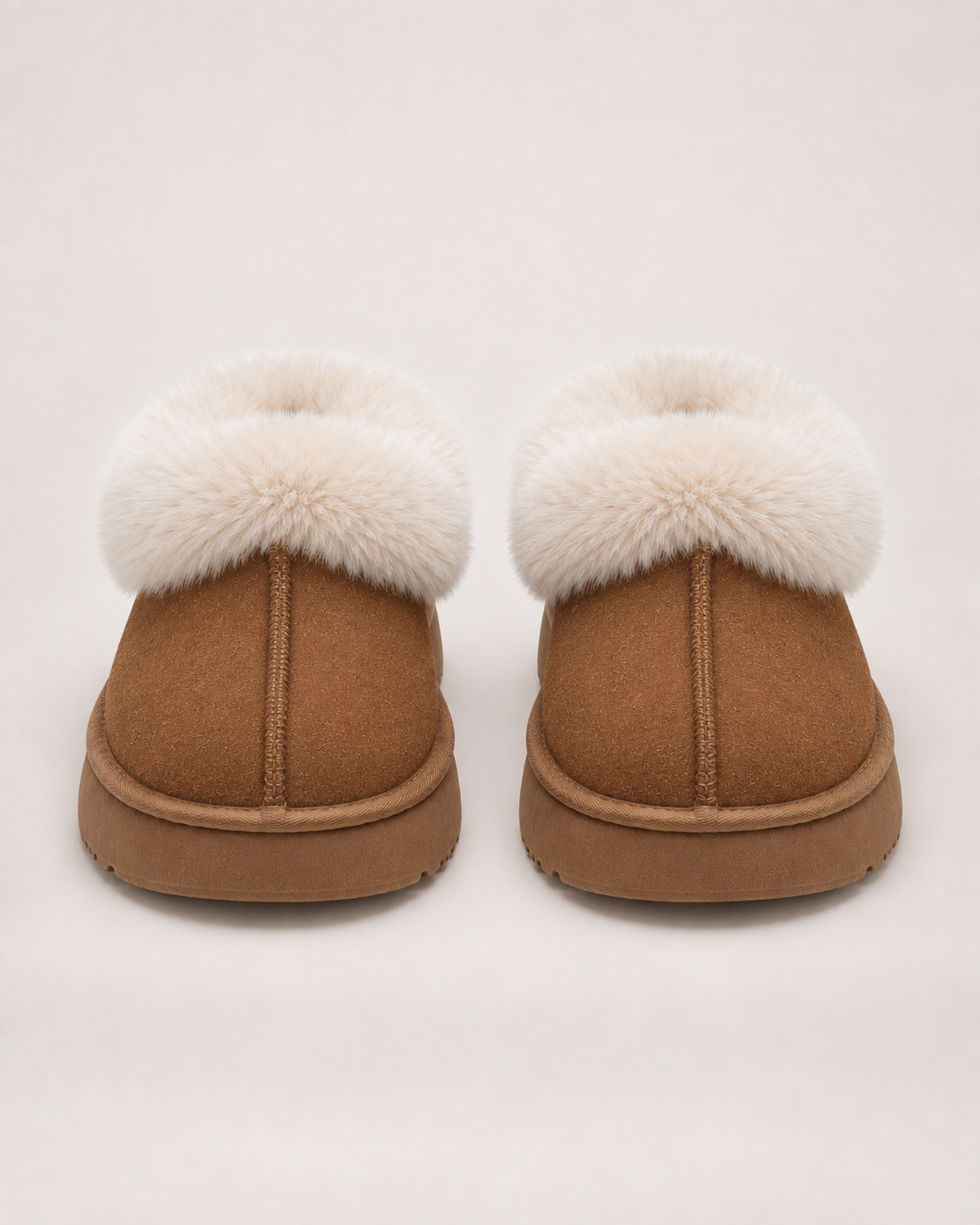 Women’s Platform Slippers with Fluffy Collar in Chestnut Brown, product only pair front view