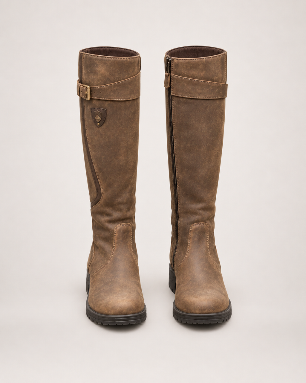 Women’s Riding Boots with Buckle Detail and Low Heel in Brown, product only pair front view