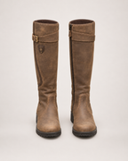 Women’s Riding Boots with Buckle Detail and Low Heel in Brown, product only pair front view