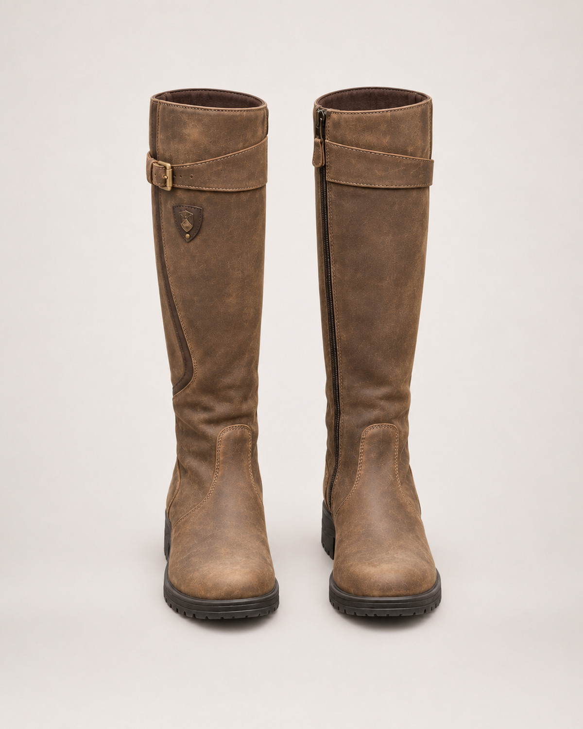 Women’s Riding Boots with Buckle Detail and Low Heel in Brown, product only pair front view