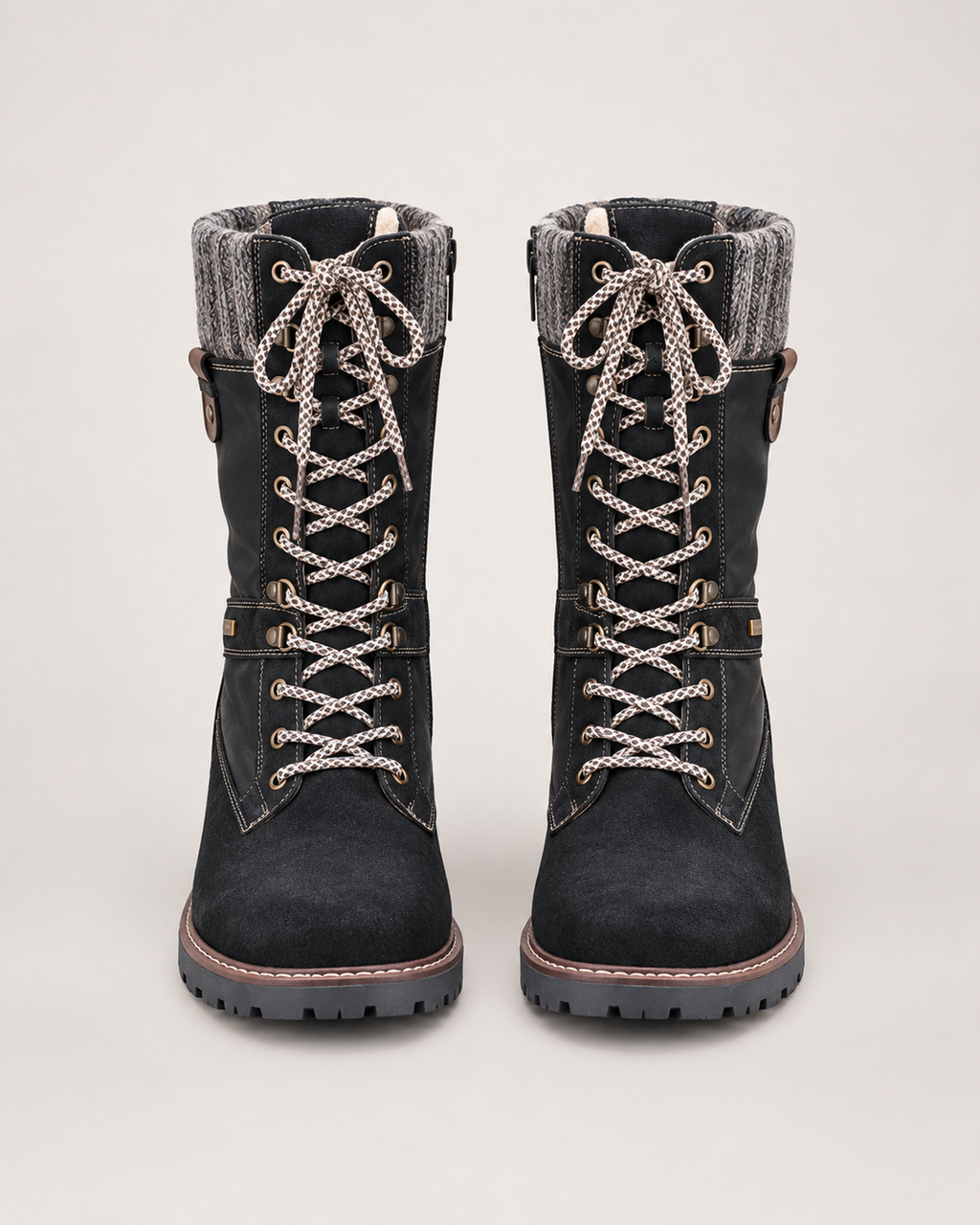 Women’s Lace Up Boots with Knitted Cuff in Black, product only pair front view