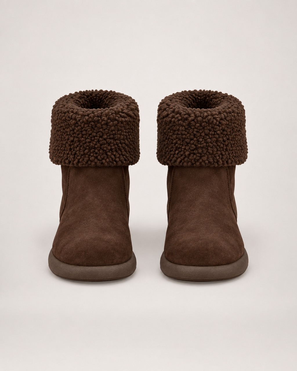 Women’s Mid Calf Boots with Fold-Down Fluffy Cuff in Dark Brown, product only pair front view