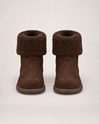 Women’s Mid Calf Boots with Fold-Down Fluffy Cuff in Dark Brown, product only pair front view