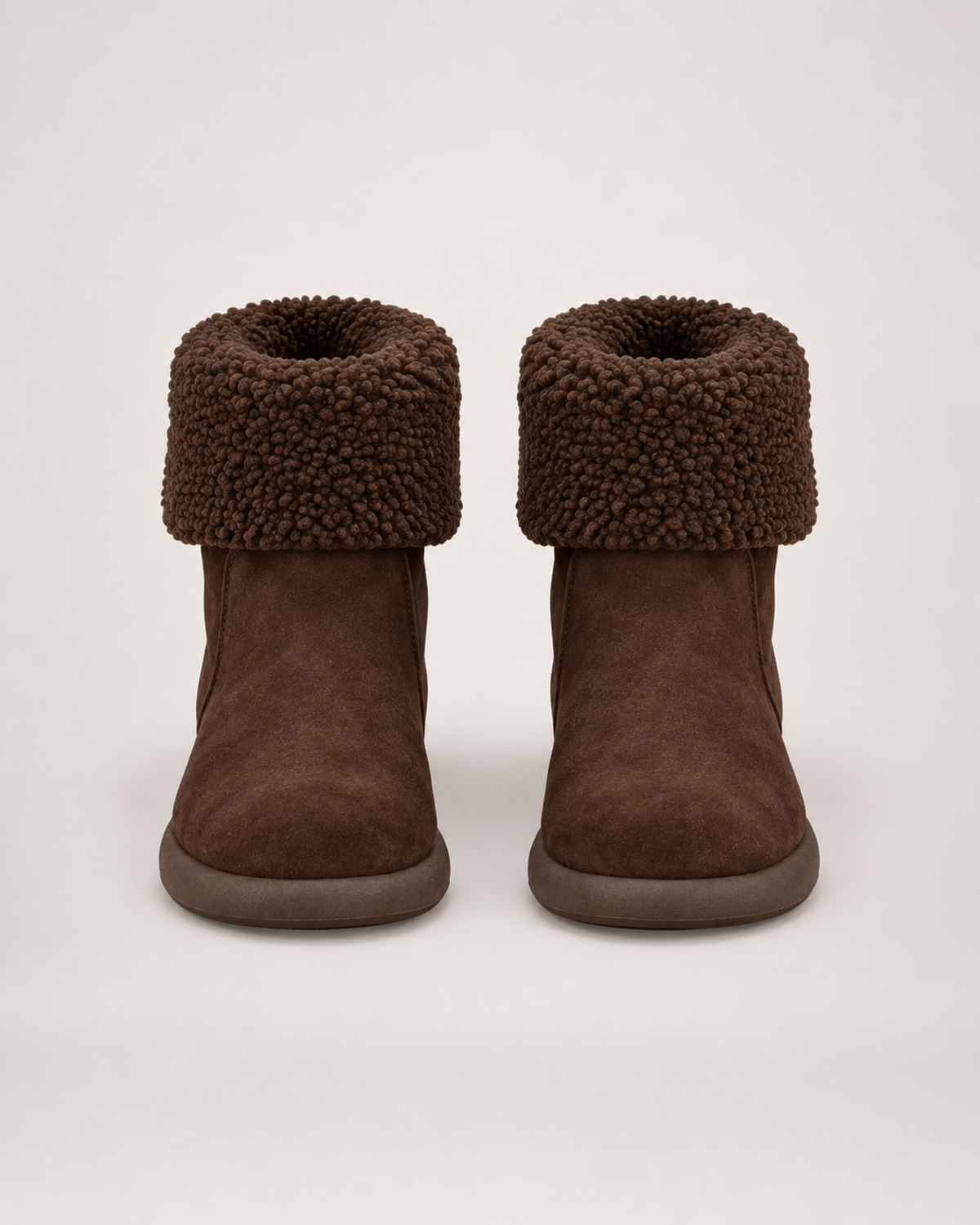 Women’s Mid Calf Boots with Fold-Down Fluffy Cuff in Dark Brown, product only pair front view