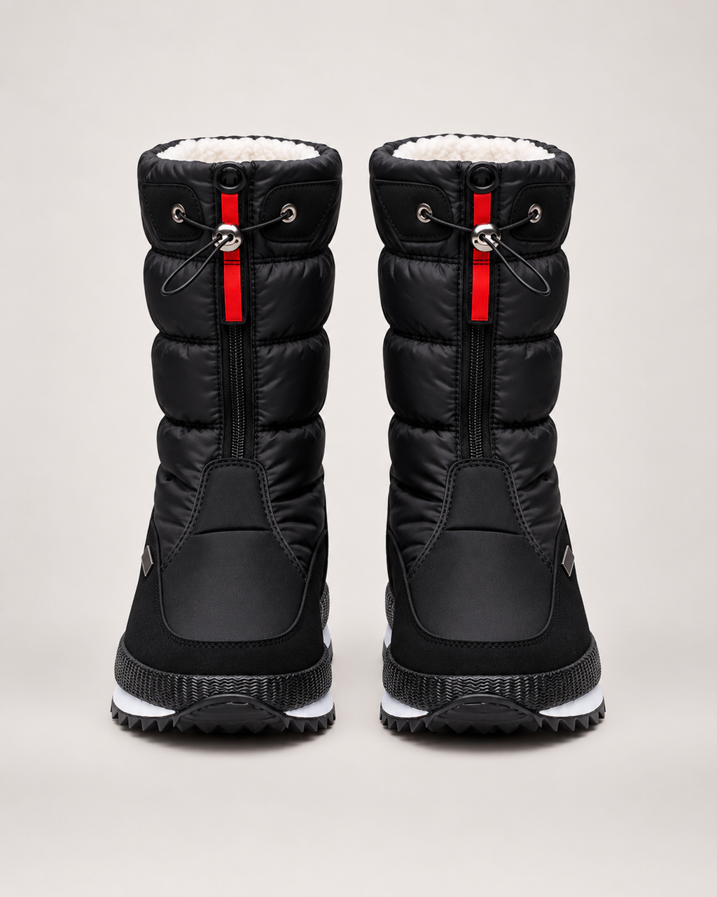 Women’s Snow Boots with Quilted Shaft and Treaded Sole in Black, product only pair front view