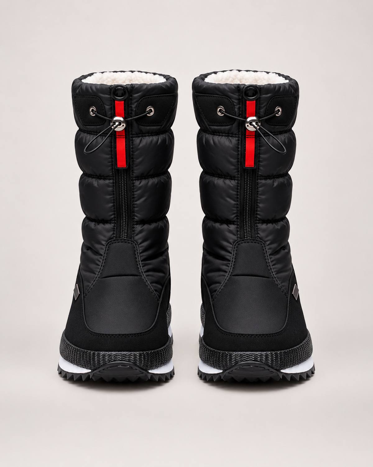 Women’s Snow Boots with Quilted Shaft and Treaded Sole in Black, product only pair front view