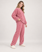 Women’s Pyjamas with Flannel Cable Pattern in Pink, three quarter body view