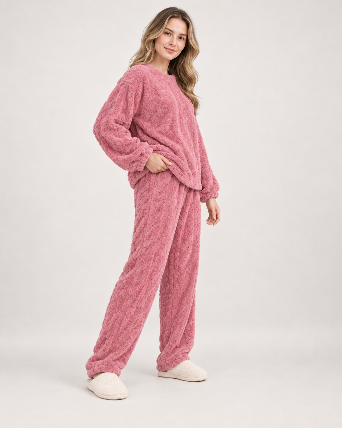 Women’s Pyjamas with Flannel Cable Pattern in Pink, three quarter body view