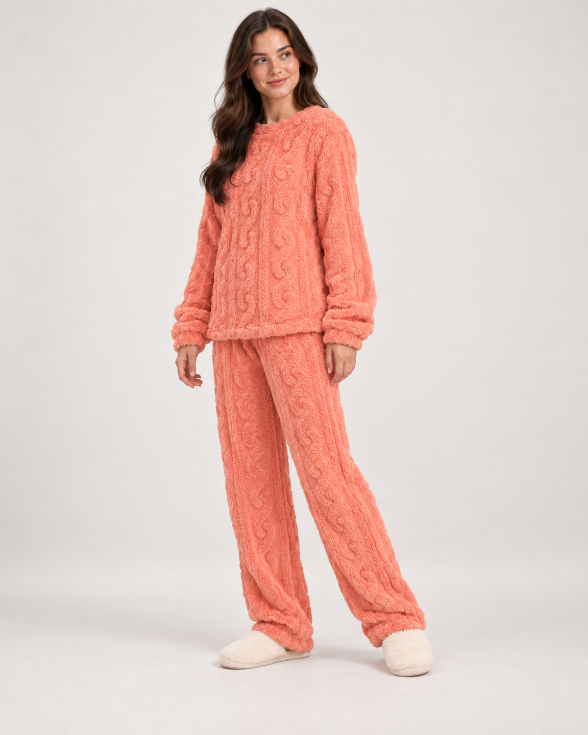 Women’s Fleece Pyjamas with Cable Pattern in Pink, three quarter body view