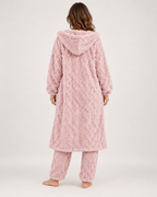 Women’s Pyjama Set with Long Hooded Robe and Trousers in Pink, three quarter body view