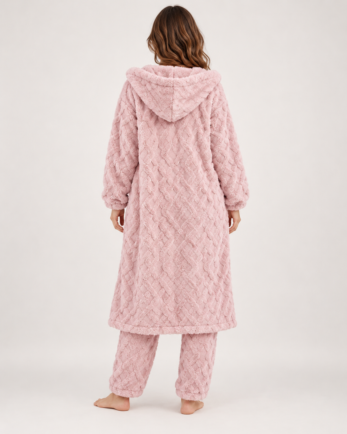 Women’s Pyjama Set with Long Hooded Robe and Trousers in Pink, three quarter body view