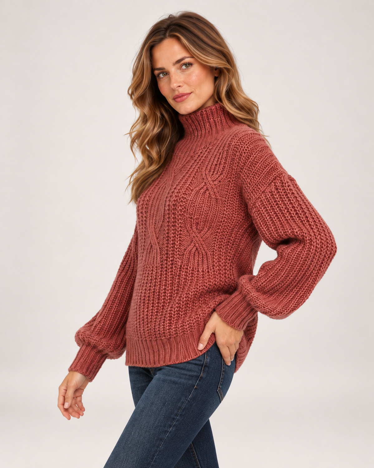Women's Cable Knit Jumper with Roll Neck and Balloon Sleeves back view