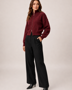 Women’s Zip Up Cardigan with Funnel Neck in Red, three quarter body view