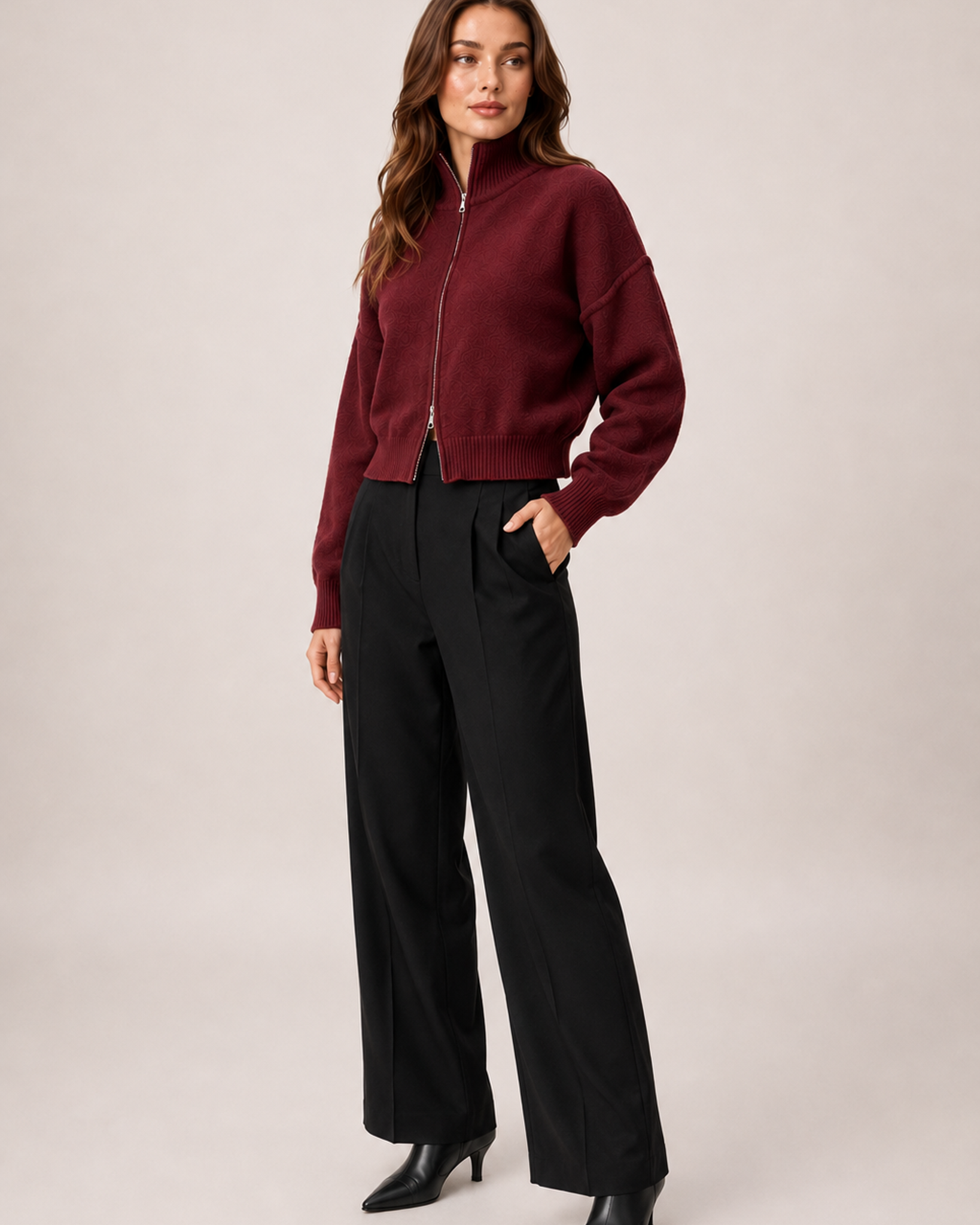 Women’s Zip Up Cardigan with Funnel Neck in Red, three quarter body view