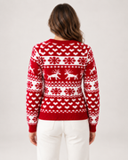 Women’s Christmas Jumper with Reindeer Pattern in Red, three quarter body view
