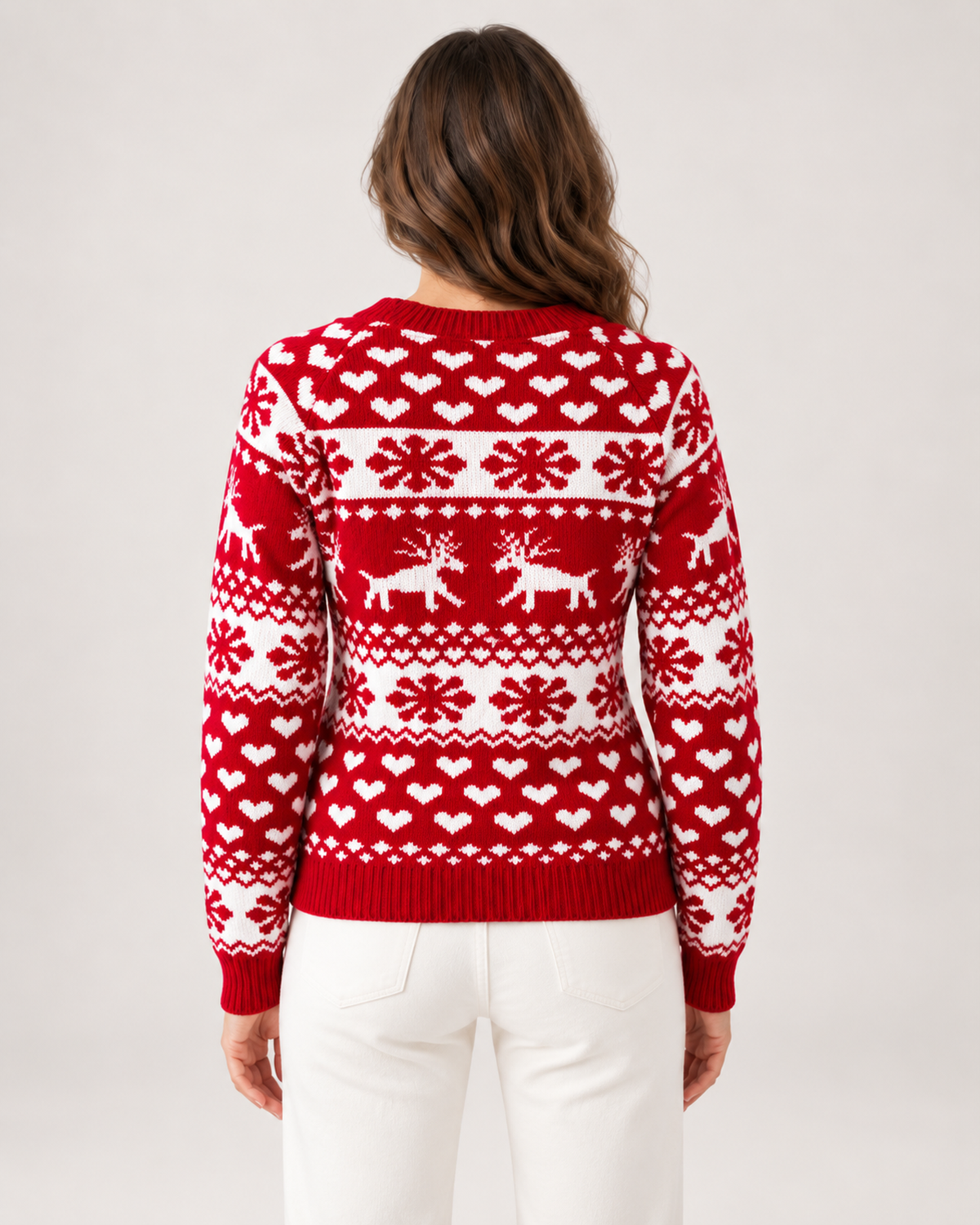 Women’s Christmas Jumper with Reindeer Pattern in Red, three quarter body view