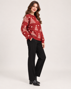 Women’s Christmas Jumper with Christmas Tree Pattern in Red, three quarter body view