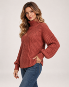 Women’s Cable Knit Jumper with Roll Neck and Balloon Sleeves in Red, three quarter body view